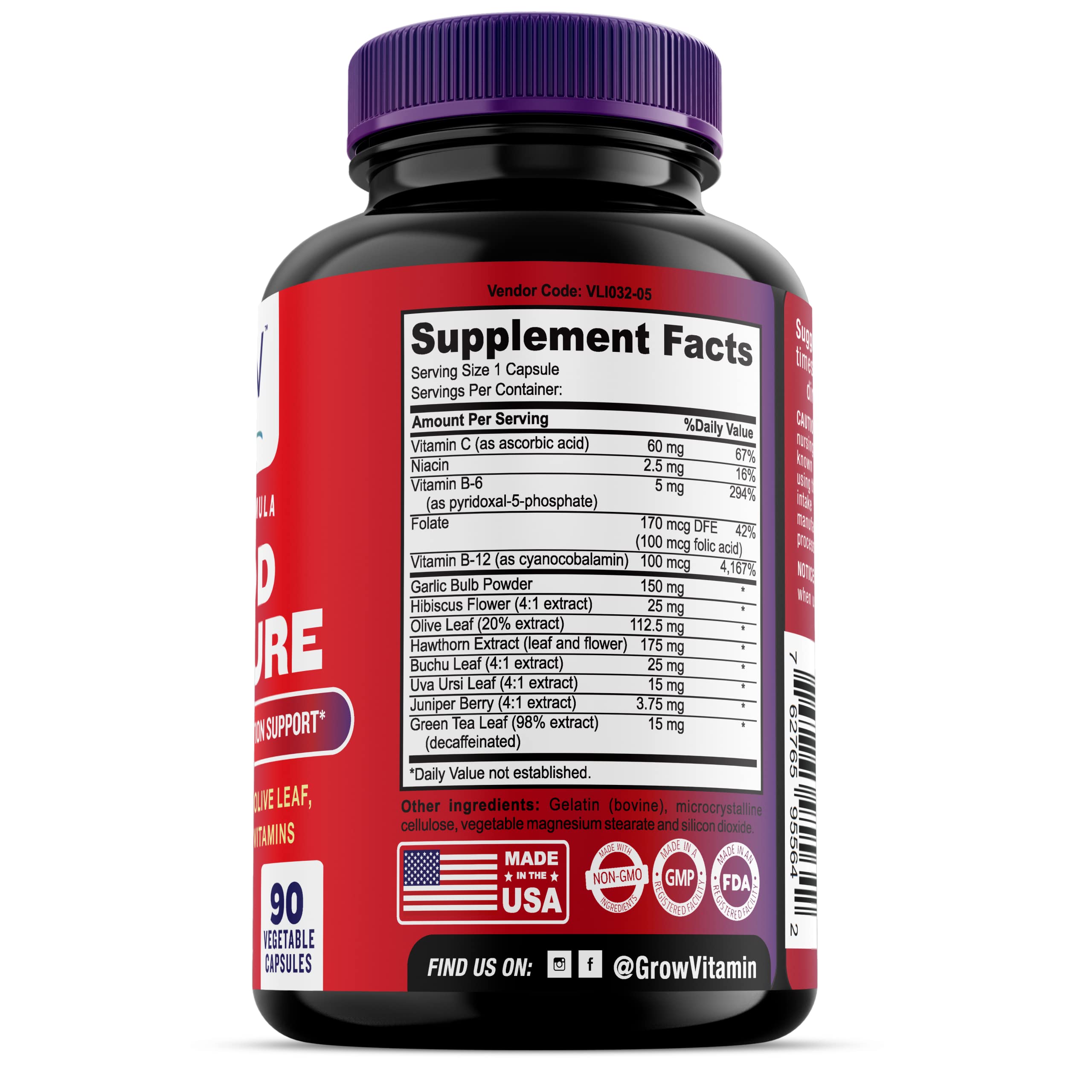 Grow Vitamin Blood Pressure Formula Support, dosificación diaria para apoyo general.
