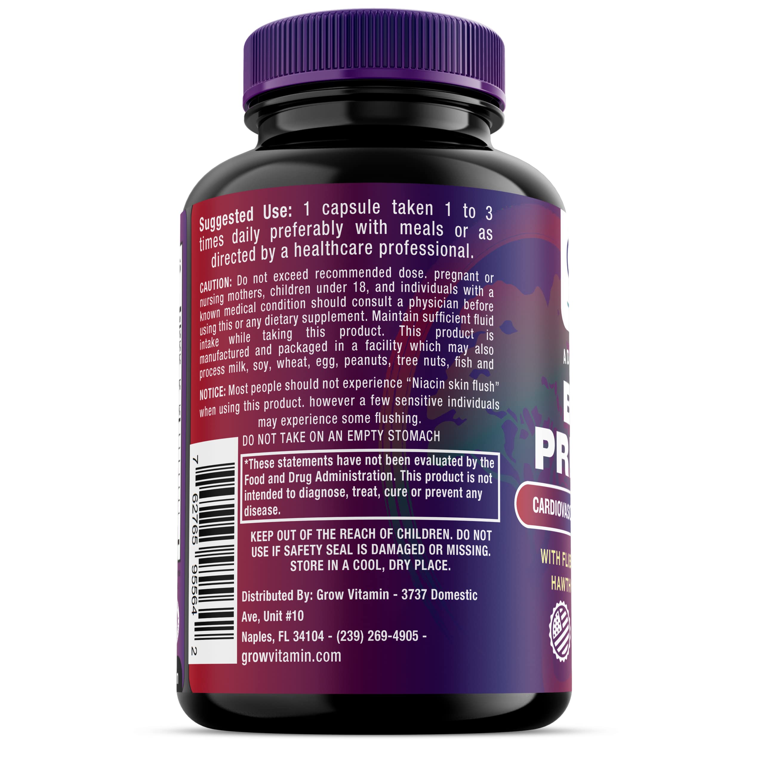 Grow Vitamin Blood Pressure Formula Support, ingredientes visibles como ajo y hibisco para bienestar.