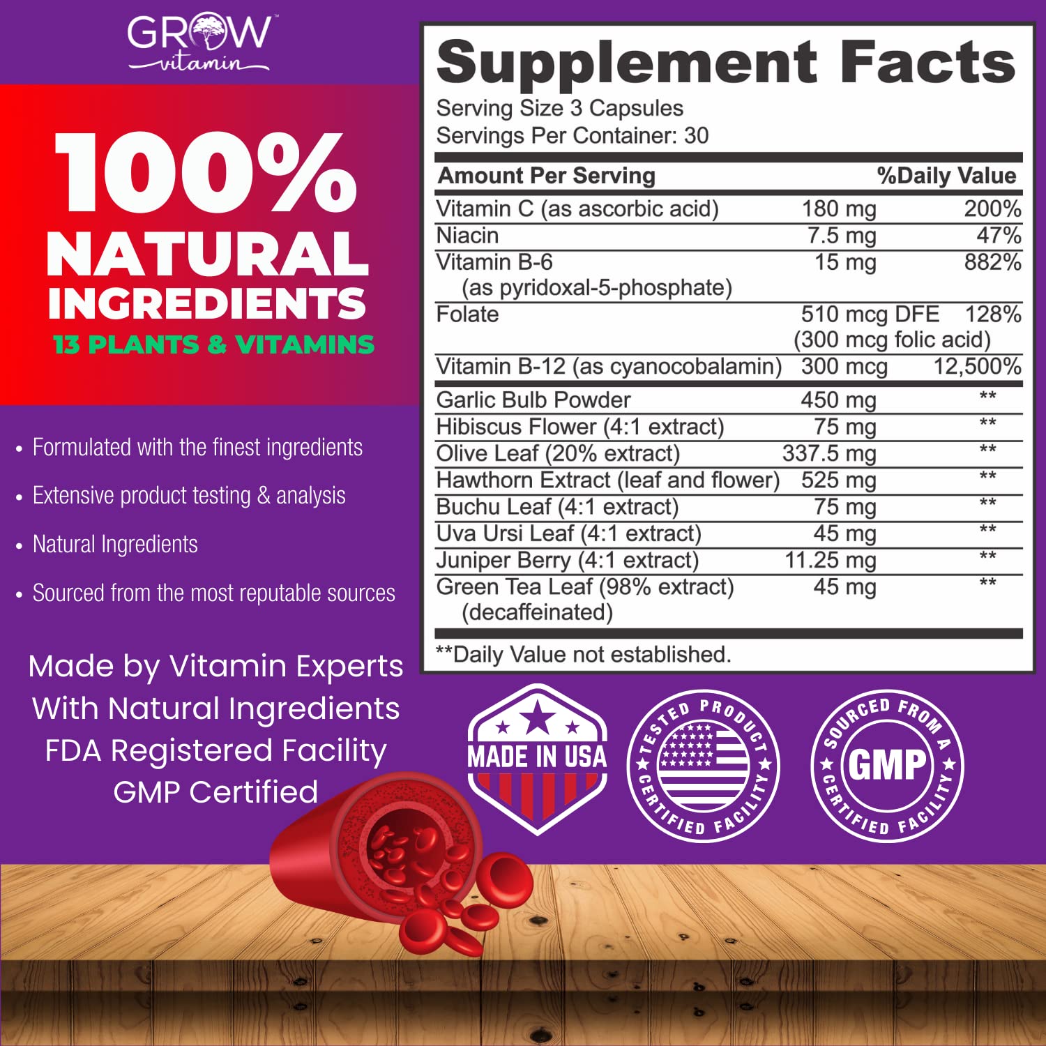 Grow Vitamin Blood Pressure Formula Support, etiqueta frontal para lectura de uso y beneficios.