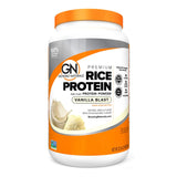 Growing Naturals proteína de arroz vainilla en lata para batidos proteicos.