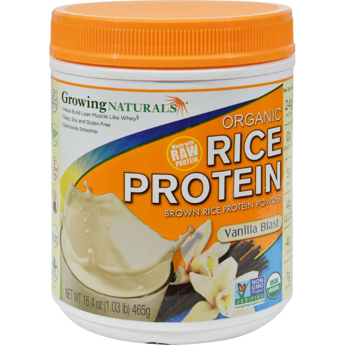 Growing Naturals proteína de arroz vainilla, bote, sin lactosa y perfecta para batidos diarios