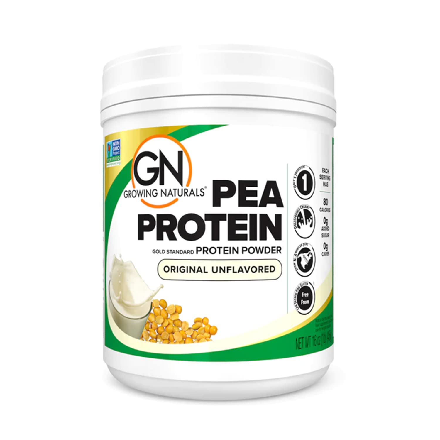 Growing Naturals proteina de guisante en polvo en bote, fuente vegetal de aminoácidos esenciales.