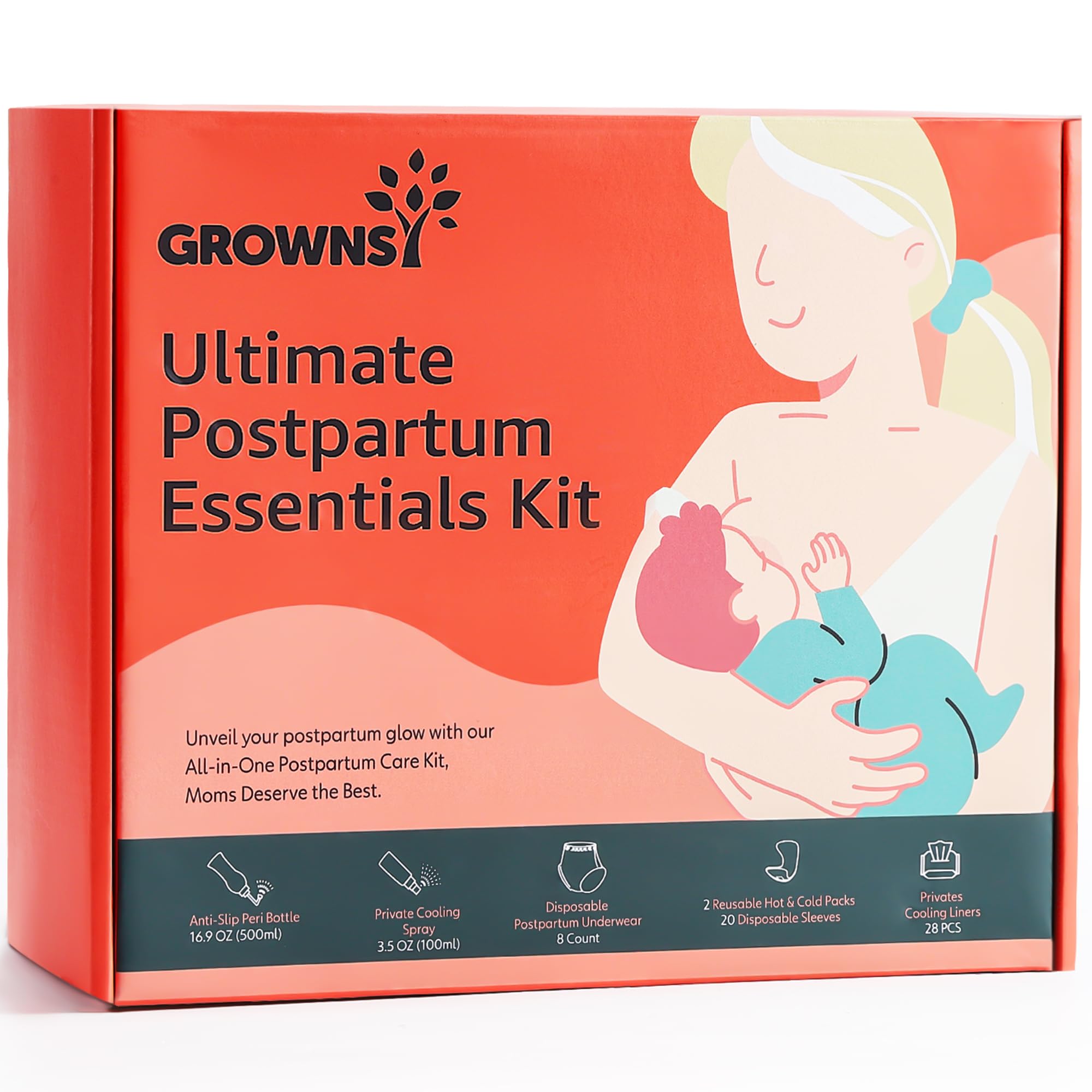 GROWNSY kit Postparto Esenciales en empaque, listo para iniciar la recuperación.