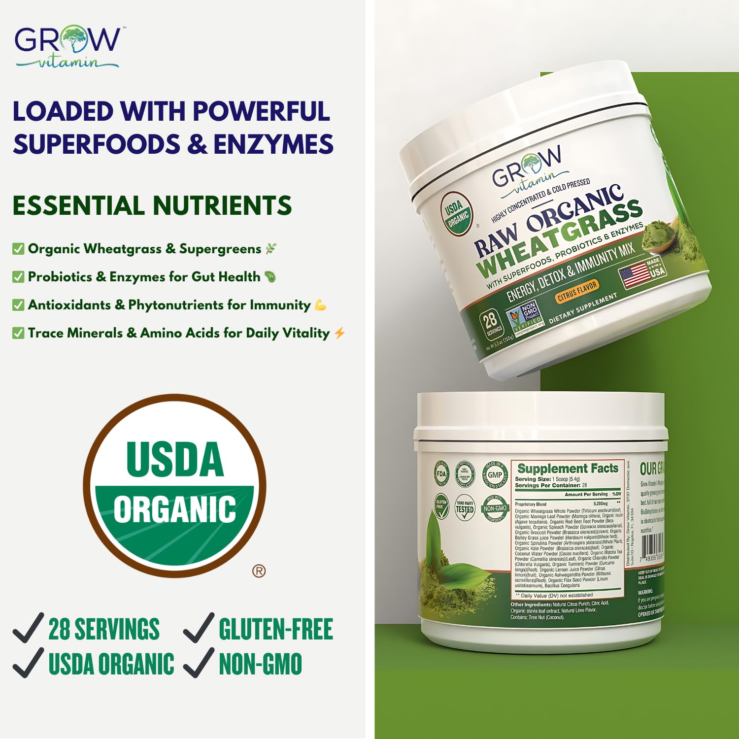 Grow Vitamin etiqueta orgánico USDA, certificado, garantía de calidad