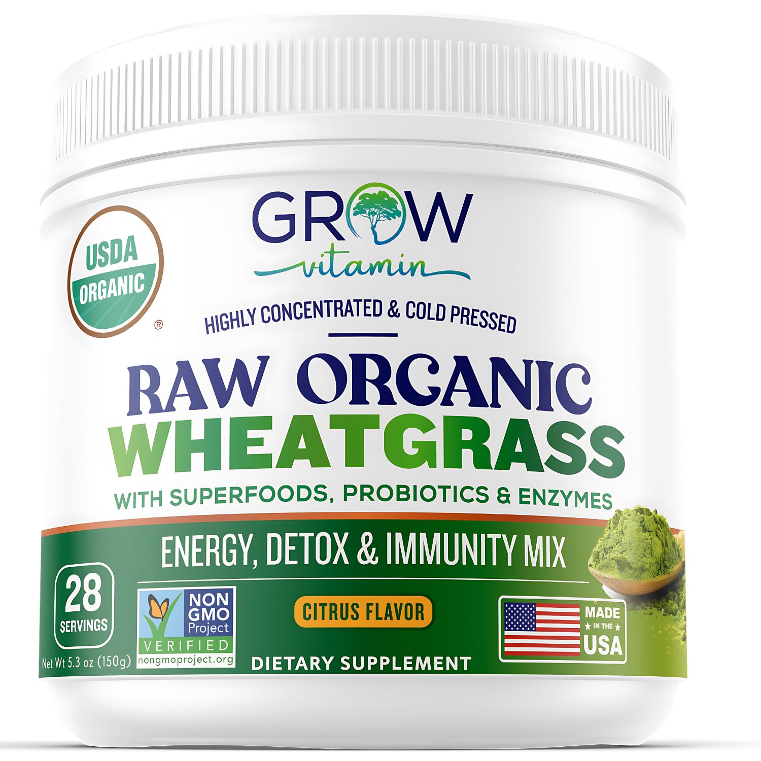 Grow Vitamin polvo trigo crudo en envase, fuente de nutrientes para tu día