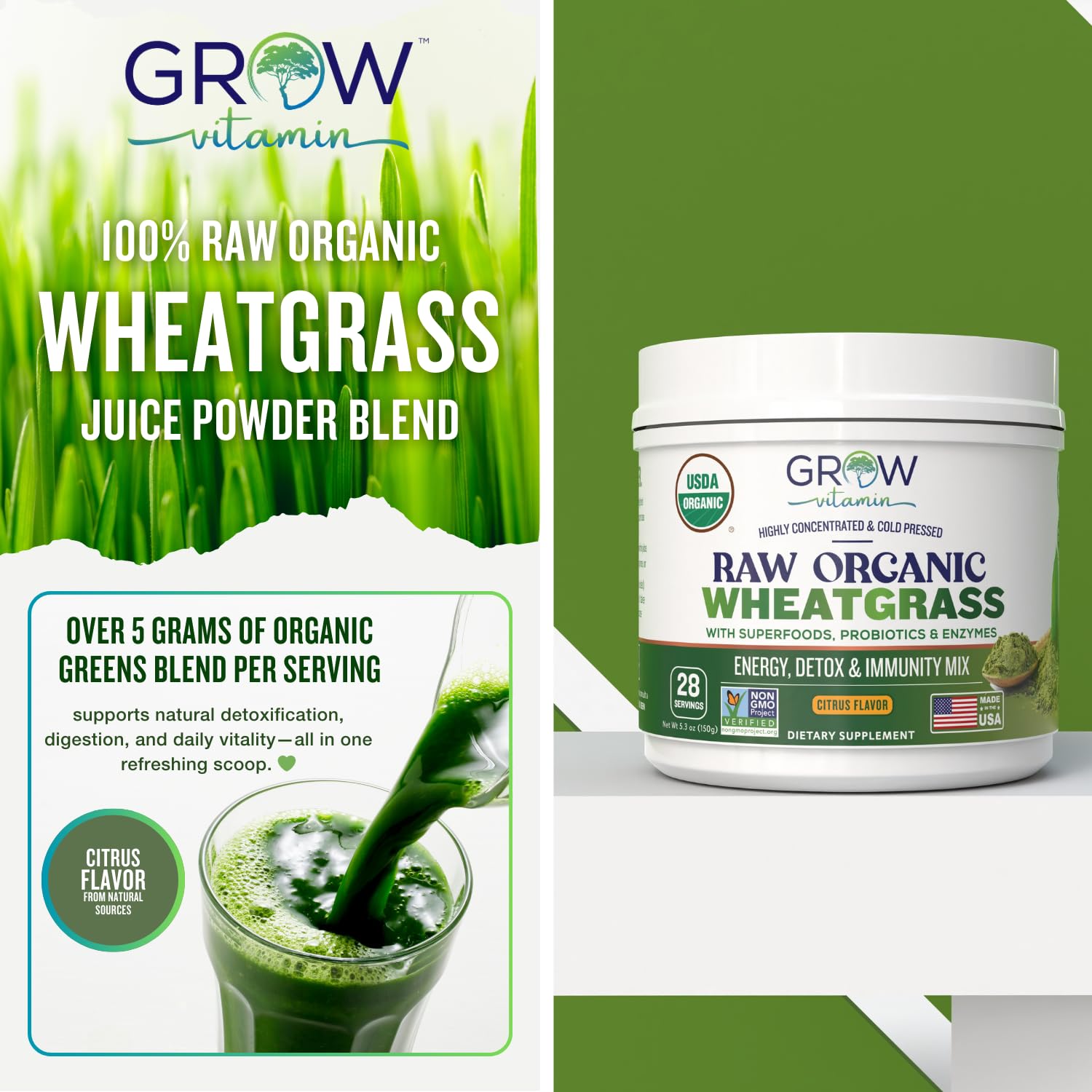 Grow Vitamin textura polvo trigo crudo verde, ideal para batidos energéticos