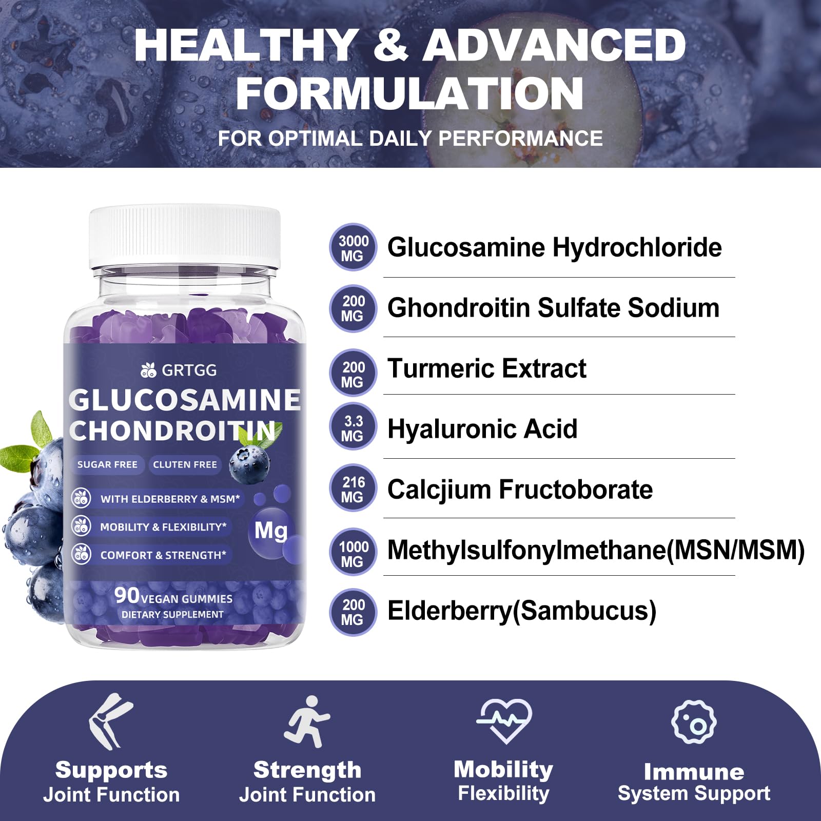 GRTGG gominolas con arándano, glucosamina y MSM para flexibilidad.