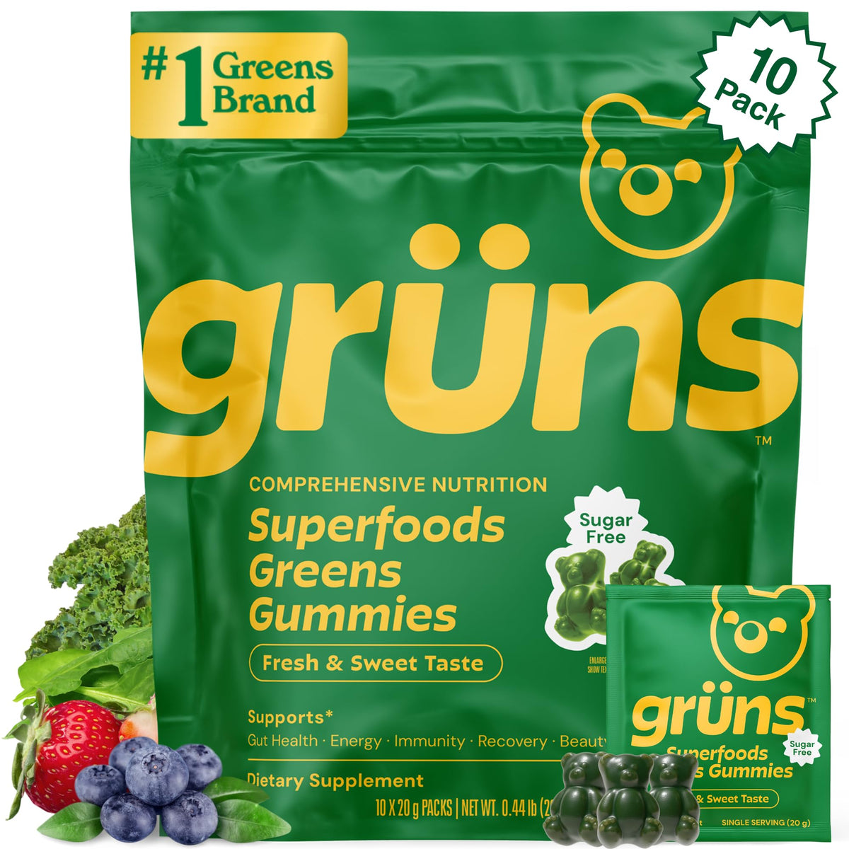 Gomitas Grüns Super Greens sin azúcar, sabor fresa, snack diario nutritivo.