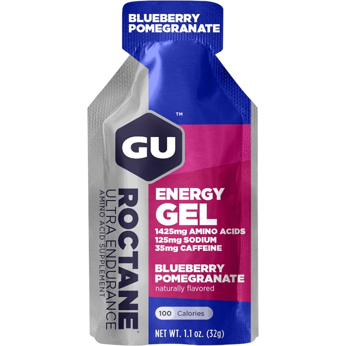 GU Roctane Gel 24 geles, sabor arándano granada, energía sostenida para entrenamientos largos.