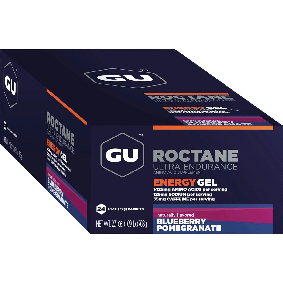 GU Roctane Gel 24 geles, detalle del sabor arándano granada, ideal para mantener energía durante la carrera.