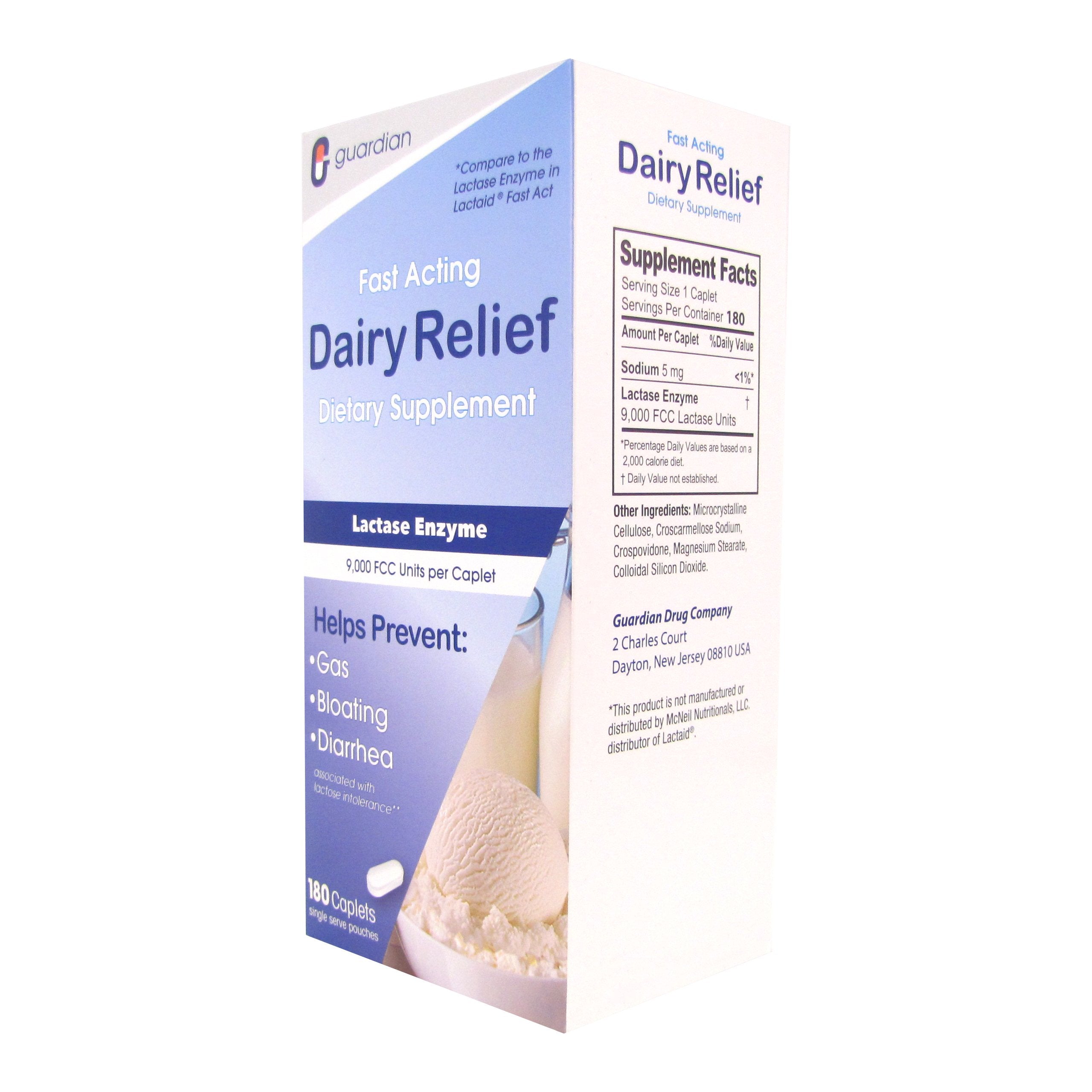guardian Dairy Relief: pack de dos botes de 180 cápsulas, listo para uso diario.