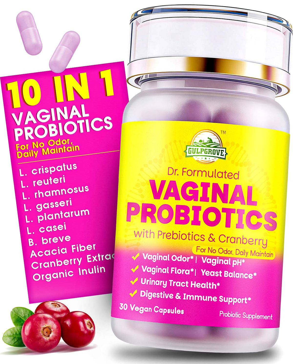 GulpGrove probióticos vaginales en botella para uso diario y equilibrio del pH.