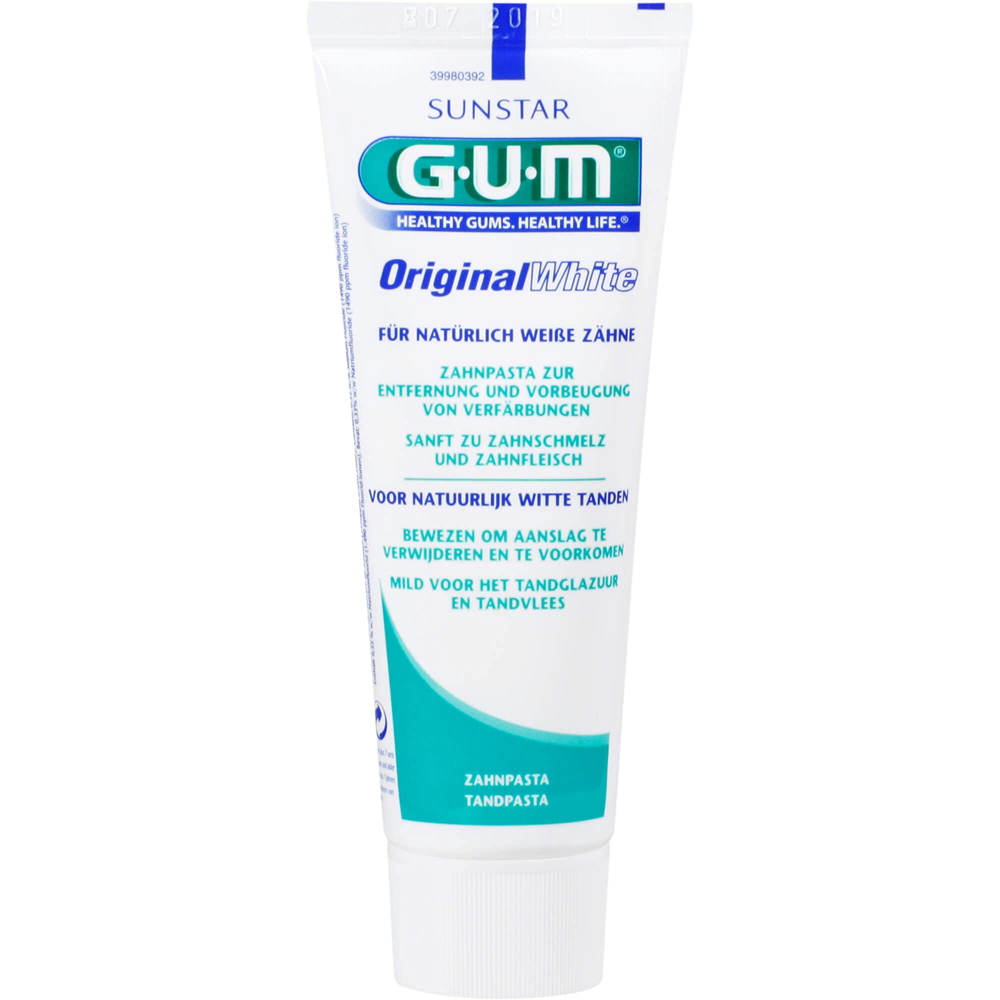 Pasta dental GUM Original White en el empaque: favorece la eliminación suave de manchas