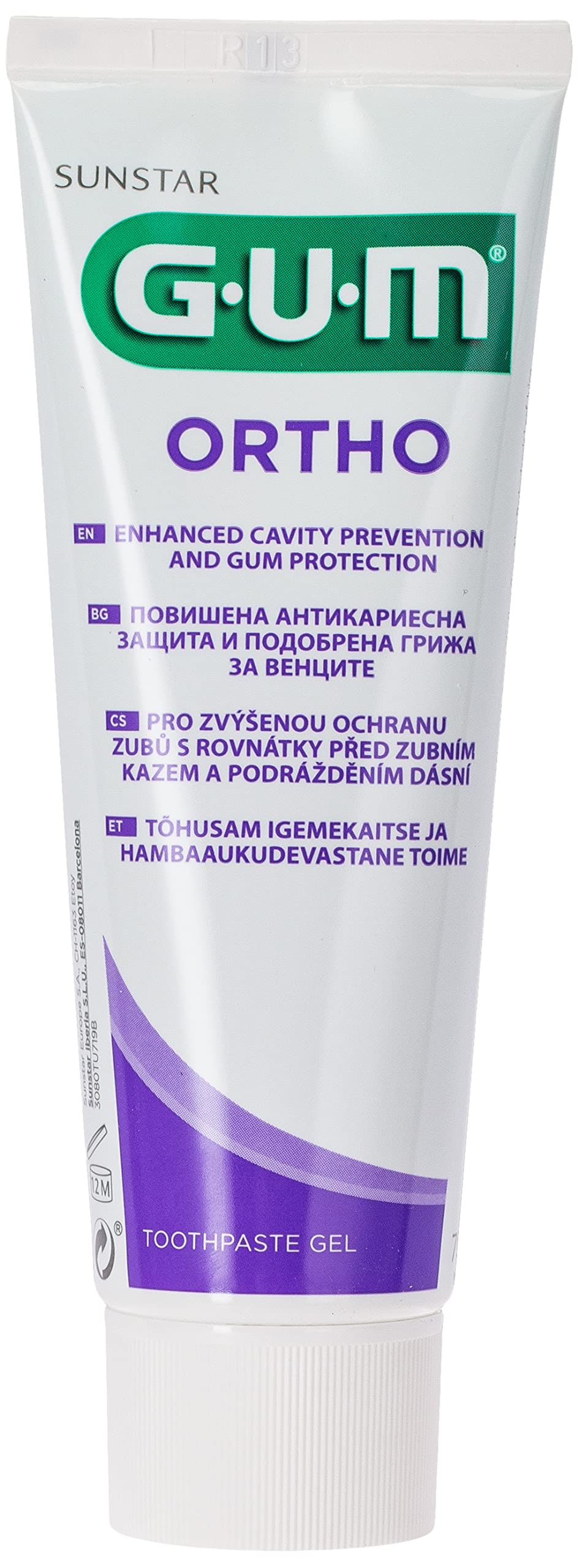 Pasta dental GUM Ortho Gel en envase, ideal para ortodoncia y uso diario.