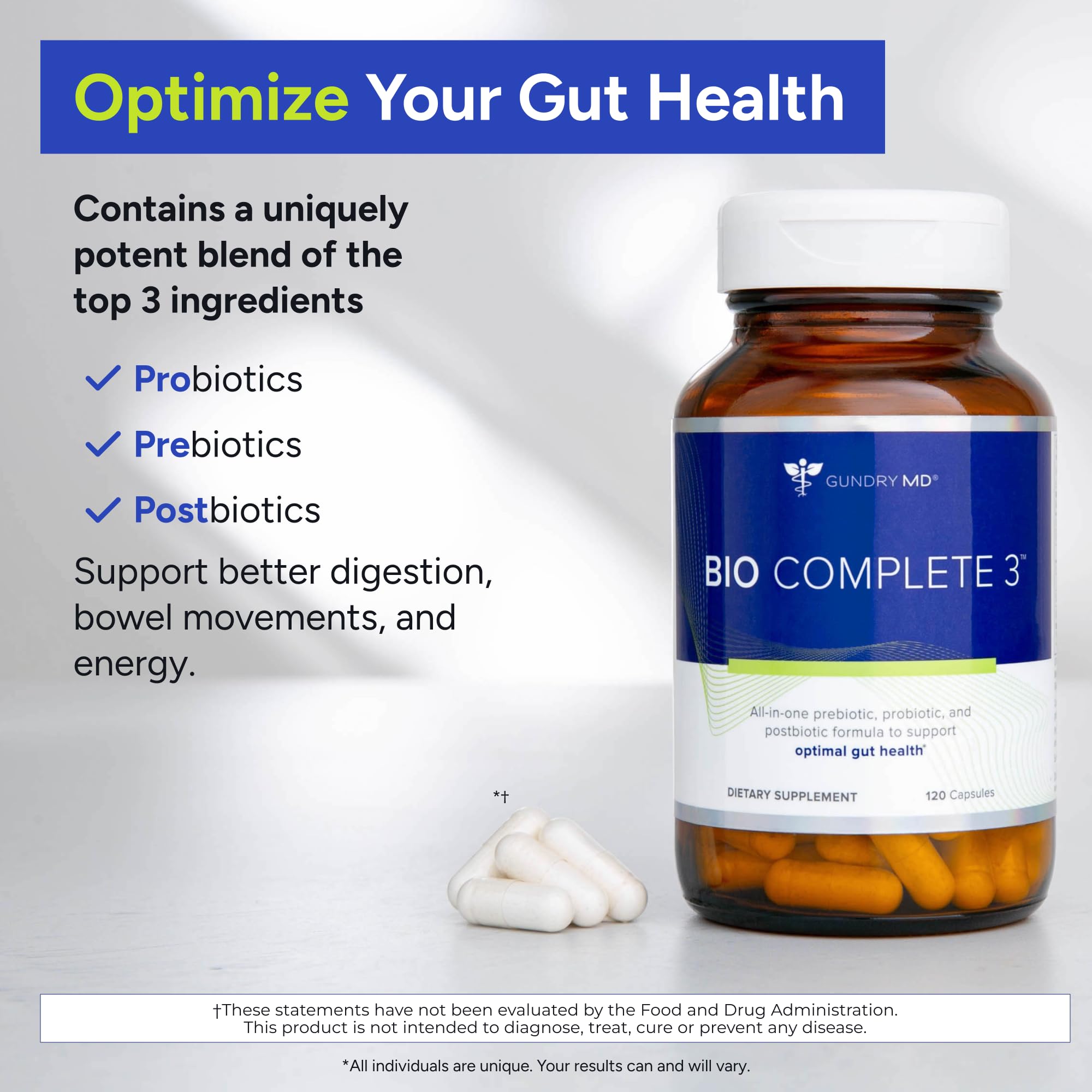Gundry MD Bio Complete 3: frascos de cápsulas para apoyar la digestión y la energía diaria.