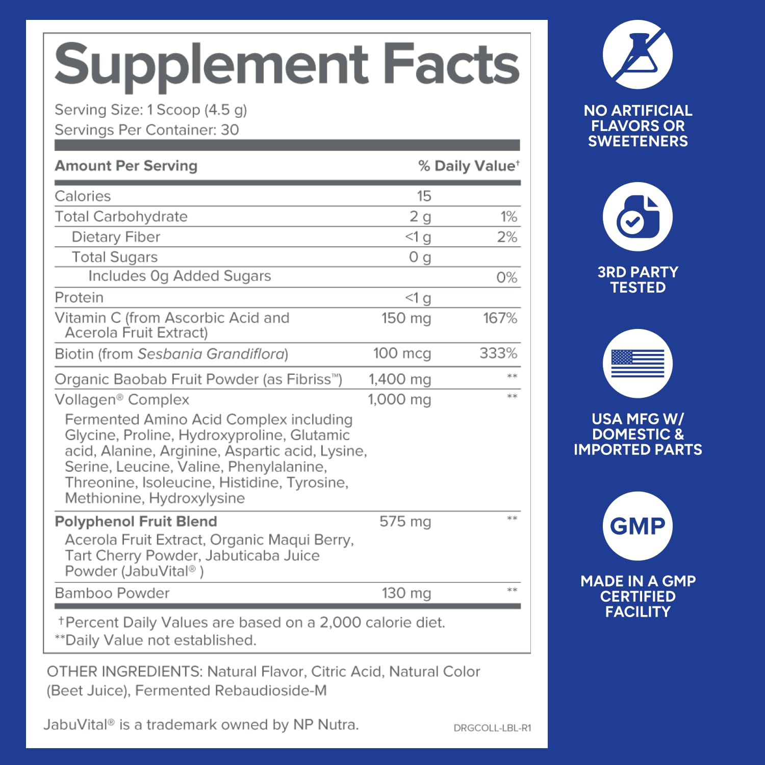 Gundry MD Phyto Collagen Complex contenido, destaca antioxidantes y polifenoles beneficiosos.