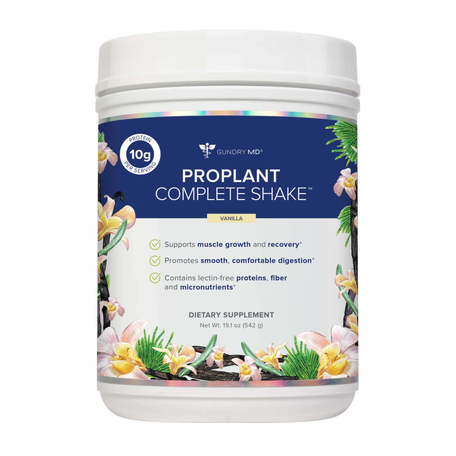Gundry MD Pro Plant Complete Shake Vanilla en envase compacto para almacenamiento y uso diario.