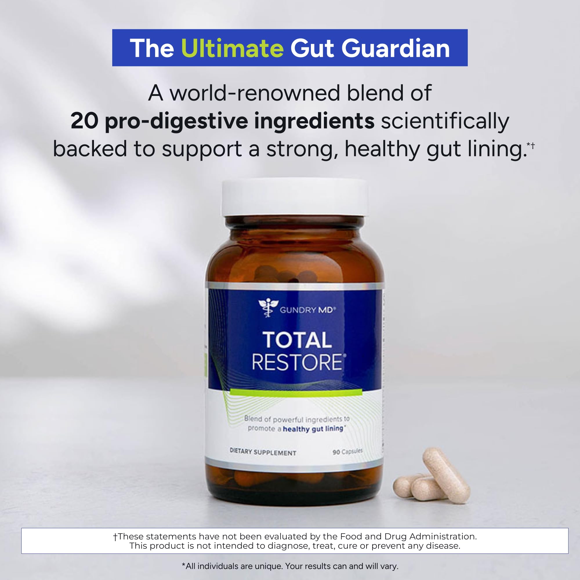 Gundry MD Total Restore botella, dosis diaria para uso cómodo y práctico.