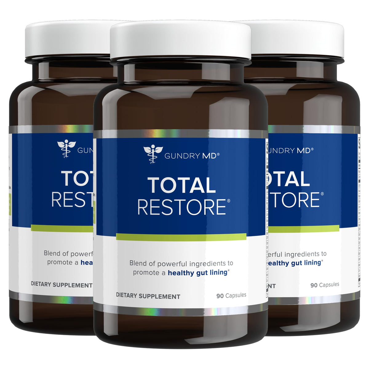 Botella de Gundry MD Total Restore con cápsulas para apoyo digestivo diario.