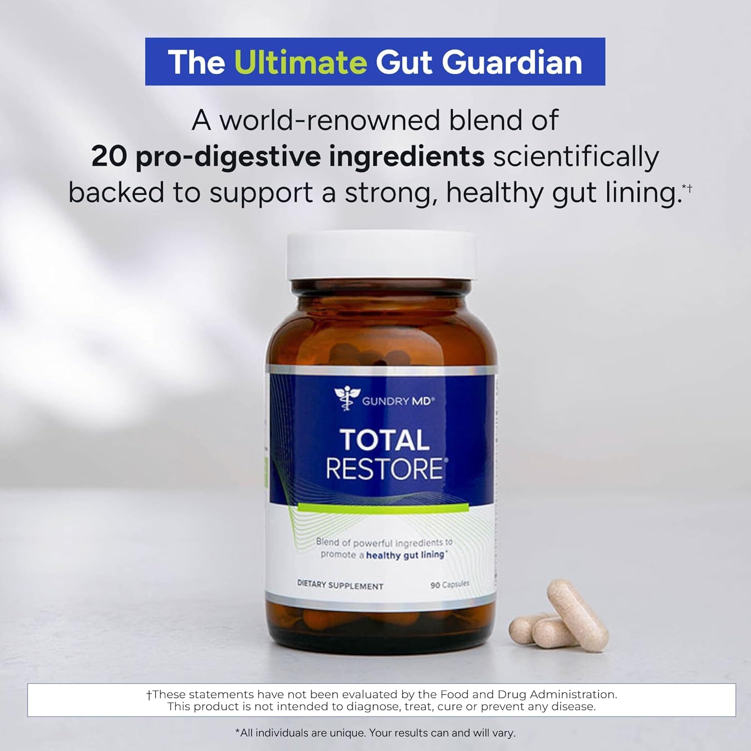 Etiqueta frontal de Gundry MD Total Restore para fácil identificación.