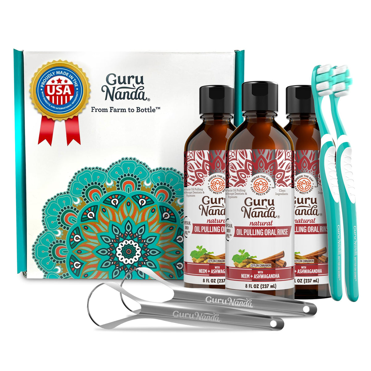 GuruNanda: botella de enjuague de aceite con canela para un aliento fresco.
