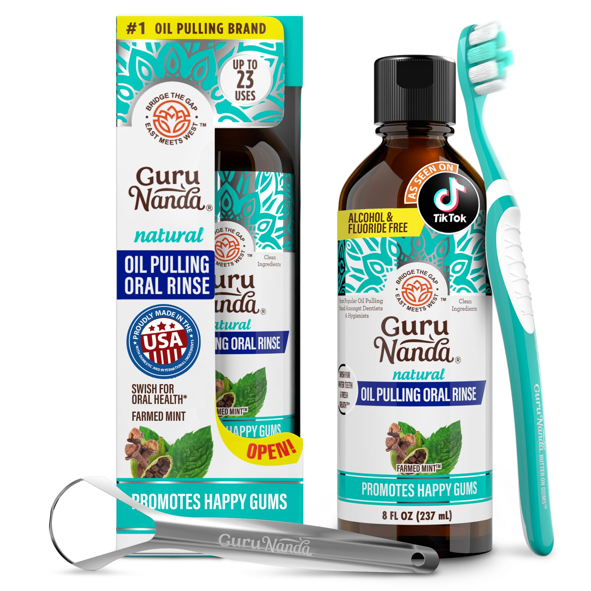 GuruNanda CocoMint: enjuague bucal en botella de 8 oz para aliento fresco.