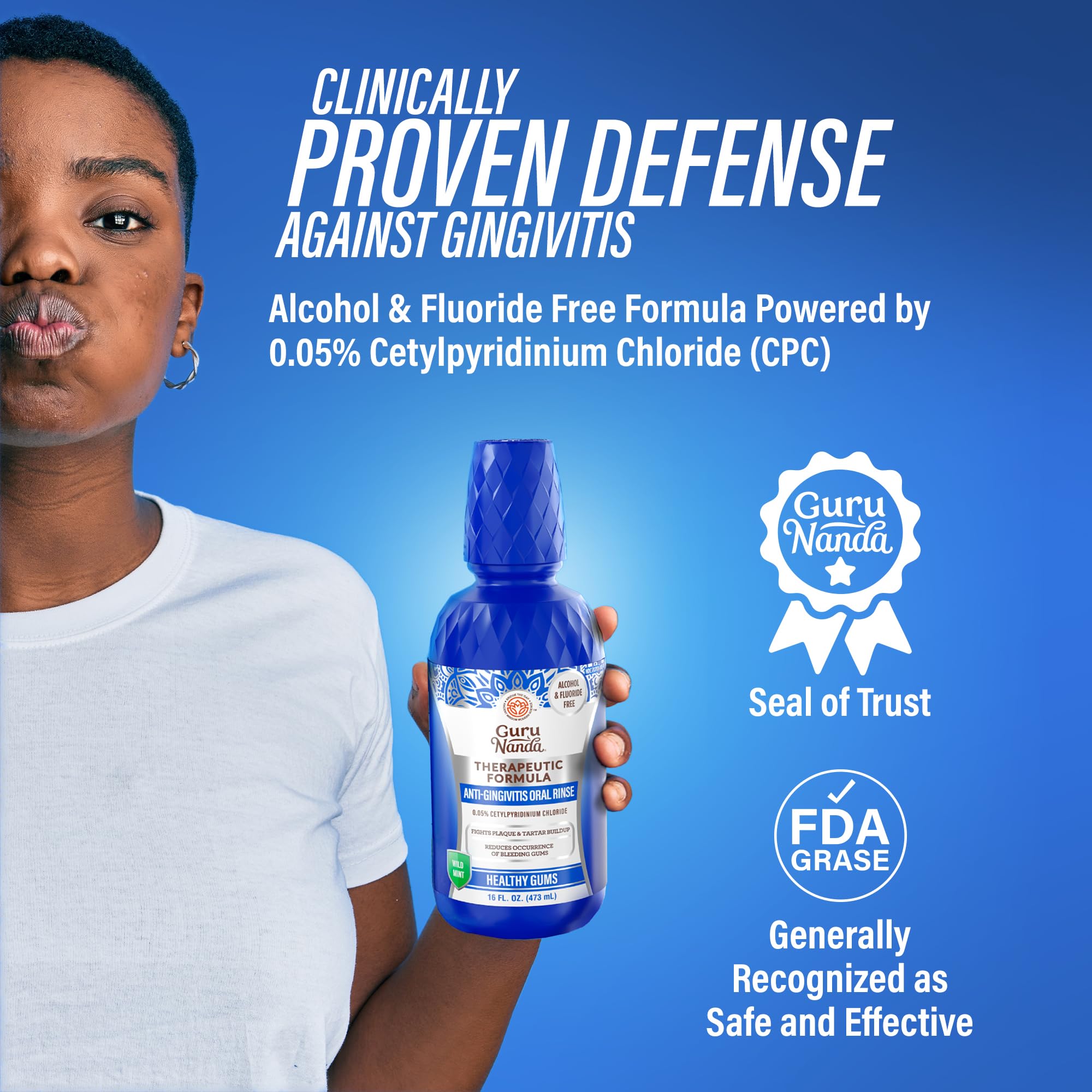 GuruNanda enjuague anti-gingivitis etiqueta detallada y dos frascos para uso diario.