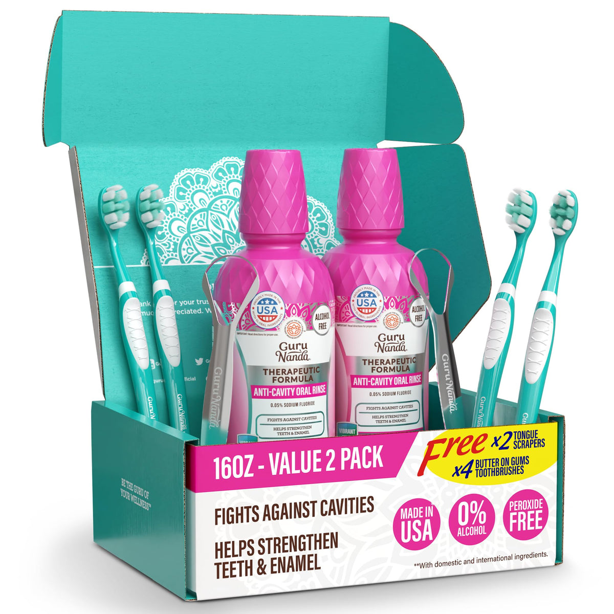 GuruNanda enjuague bucal anticaries menta 16 oz: frescura diaria y cuidado del esmalte.