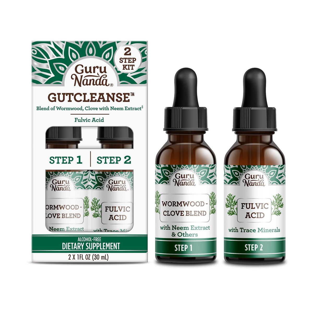 GuruNanda Gutcleanse: botella con etiqueta clara, posible apoyo a la digestión diaria.