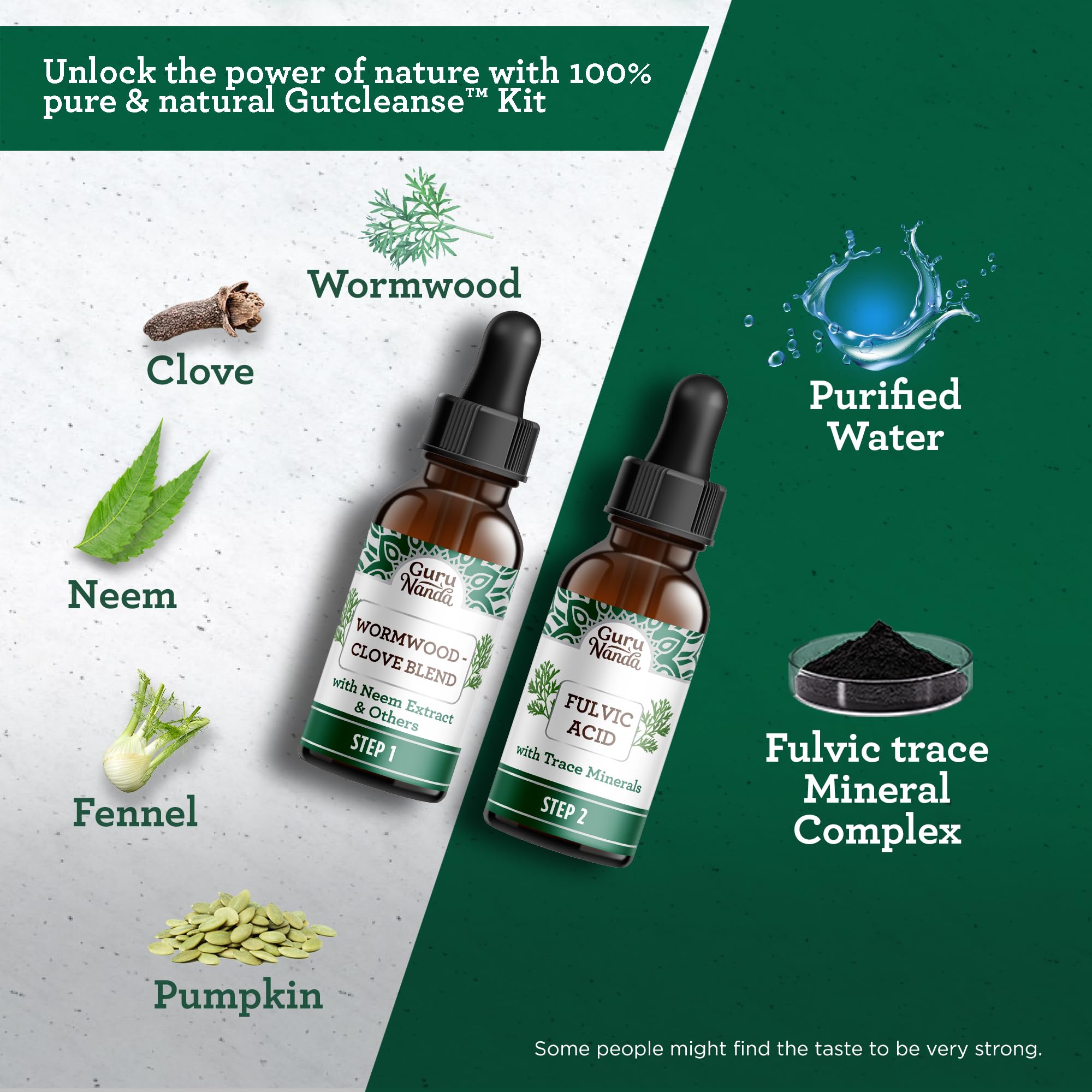 GuruNanda Gutcleanse: frasco de ácido fulvico para la salud intestinal.