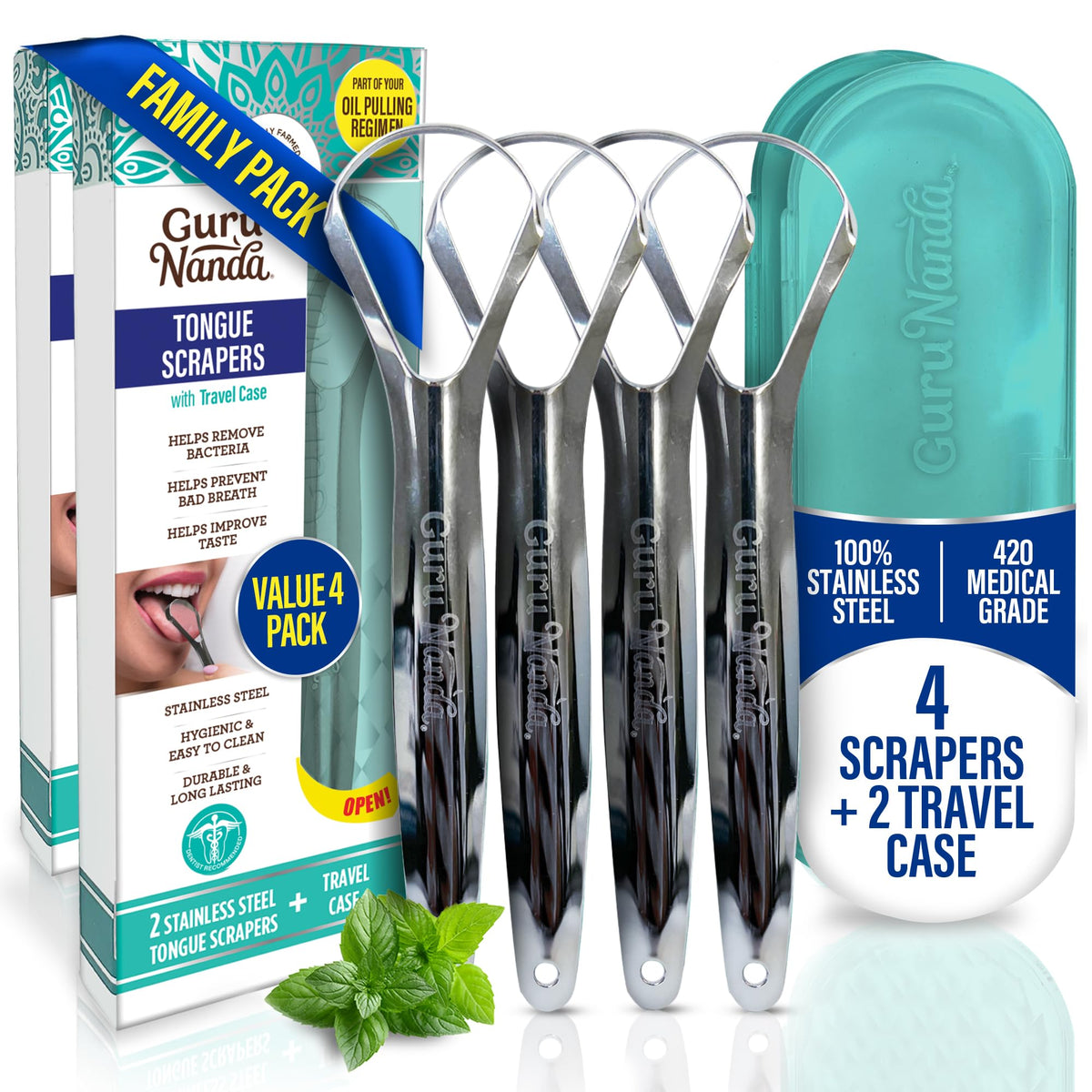 GuruNanda limpiador de lengua 4-pack con estuche de viaje para higiene oral