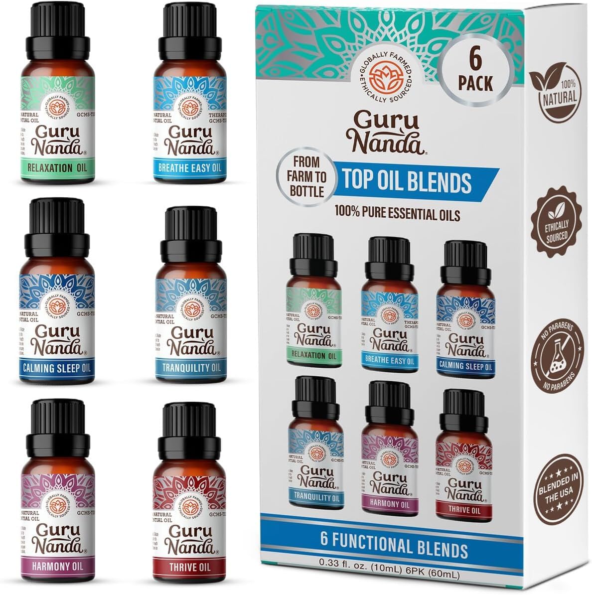 GuruNanda: set de 6 aceites esenciales para difusor de 15 ml, fácil de usar.