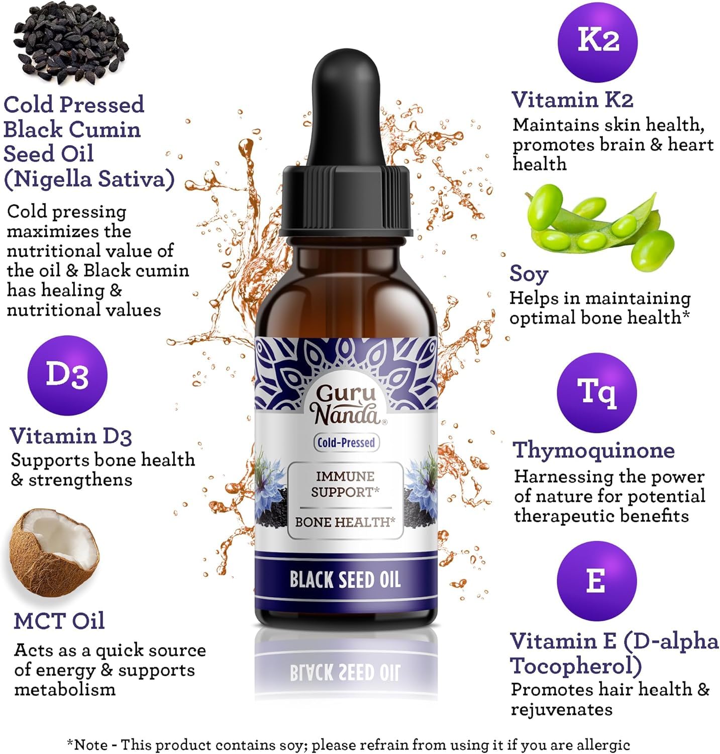 GuruNanda Nigella Sativa, etiqueta clara en el frasco, identifica ingredientes y beneficios