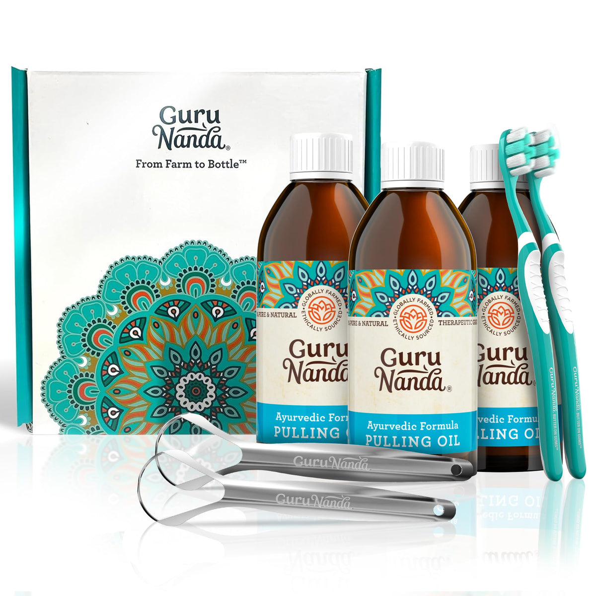 GuruNanda Original, botella vertiendo aceite para higiene bucal diaria sin alcohol