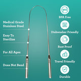 Rascador de lengua GuruNanda en acero inoxidable grado médico 420, duradero y resistente a manchas.