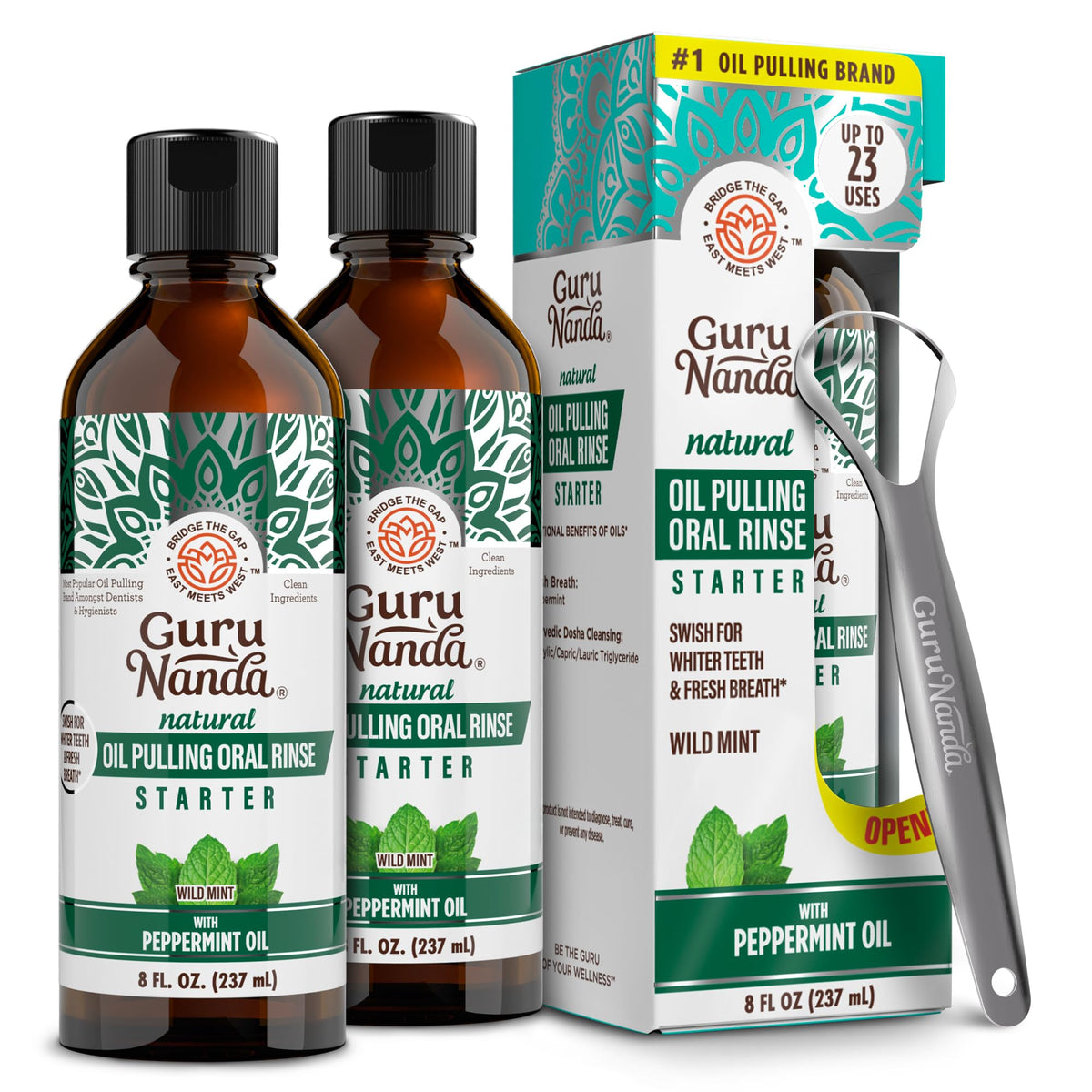 GuruNanda Starter Pulling Oil: botellas de 8 oz para enjuague natural y aliento fresco.