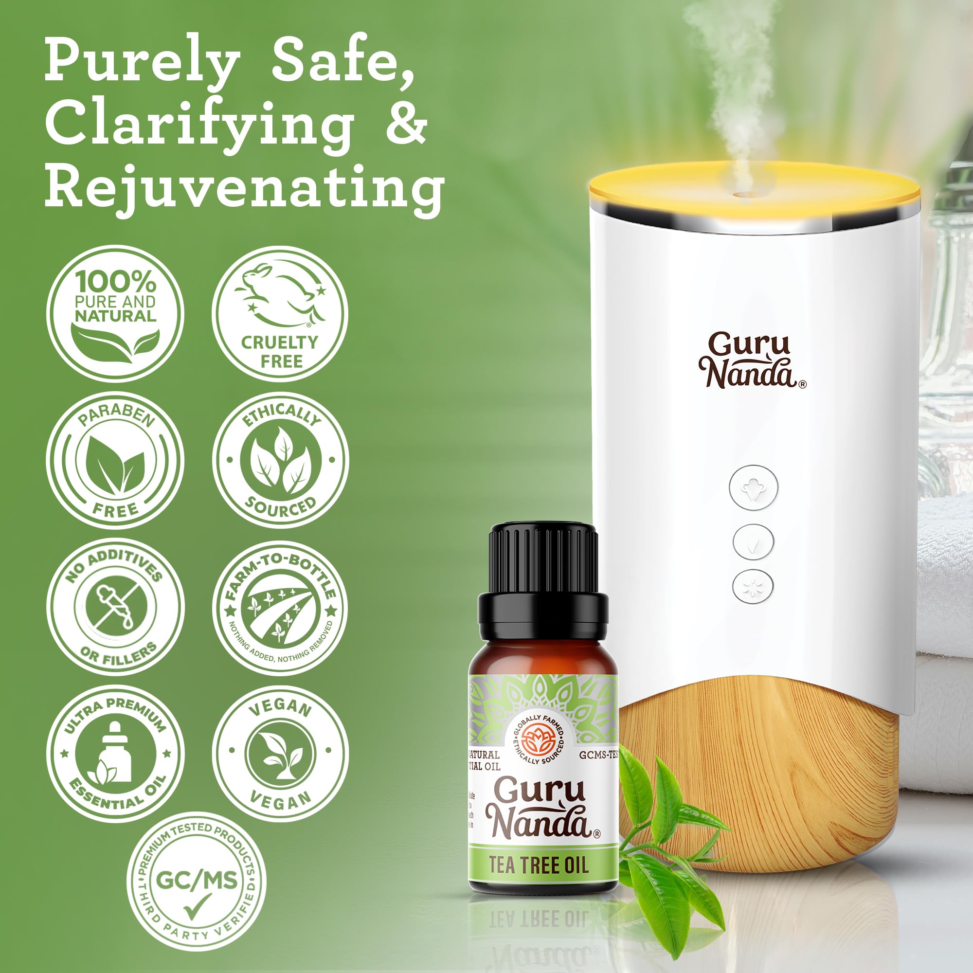GuruNanda Tea Tree: envase de vidrio ámbar para preservar la pureza y la vida útil.