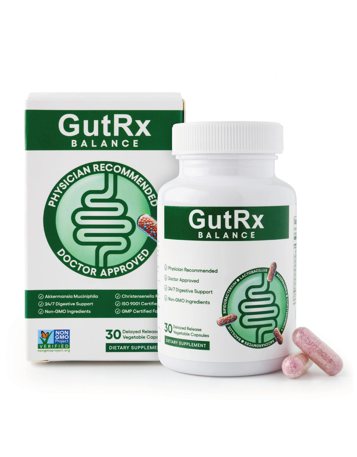 GutRx Balance cápsulas en frente del frasco, apoyo potencial para la digestión diaria.