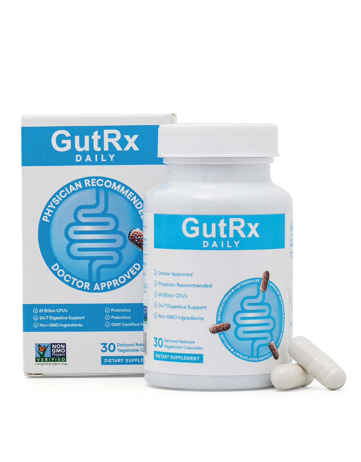 GutRx botella de cápsulas entericas para salud intestinal