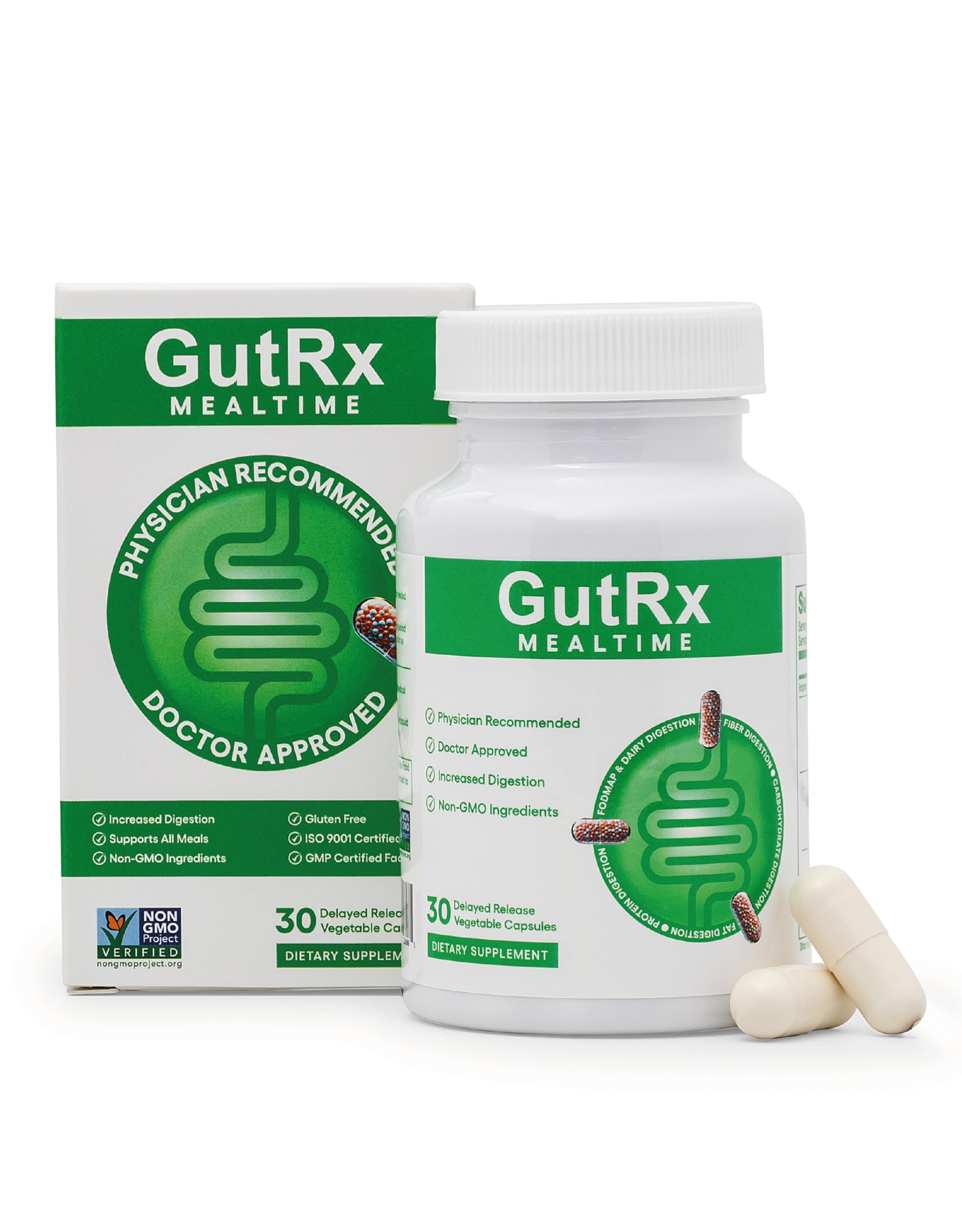 GutRx Mealtime: botella derramando para dosis rápidas antes de la comida.