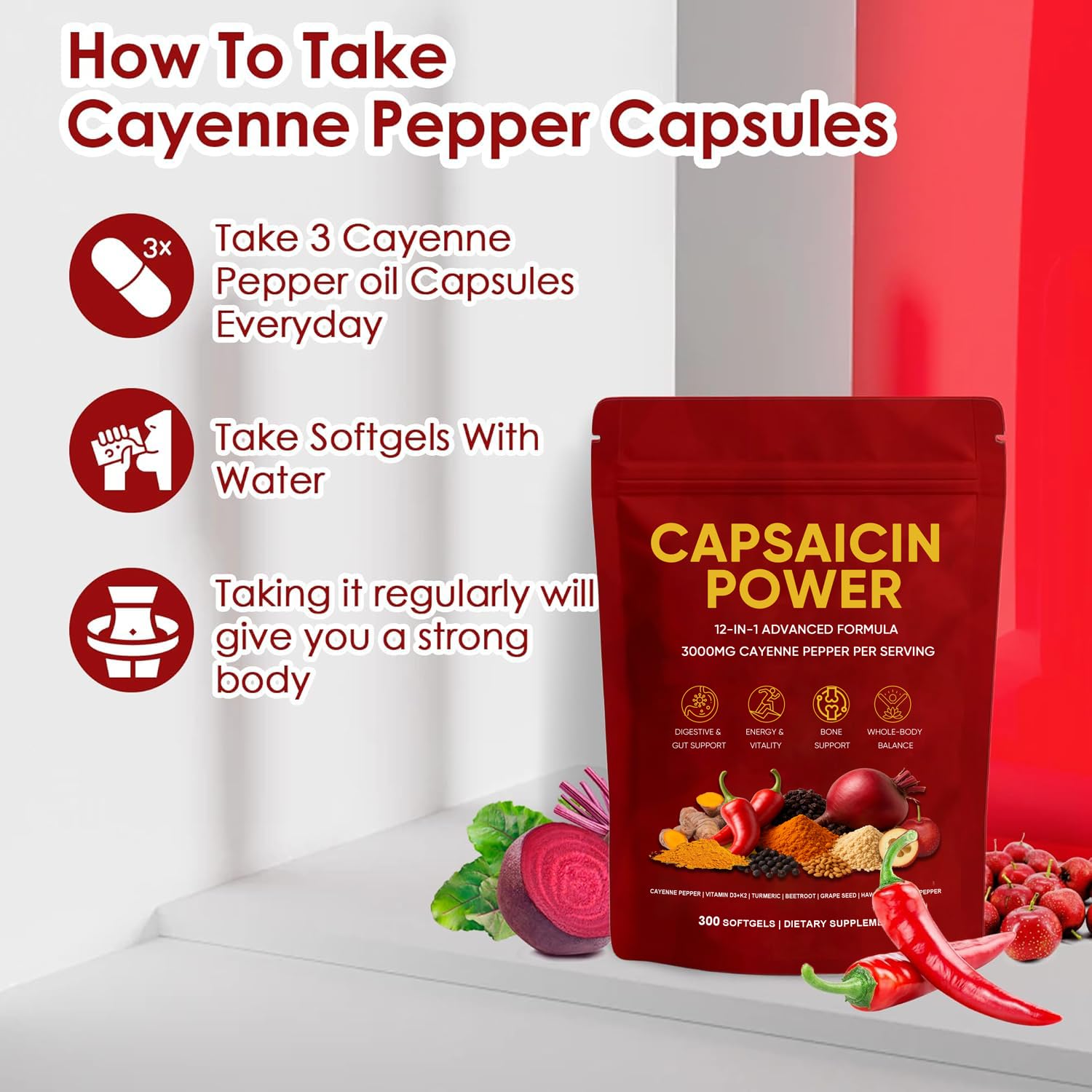 GXSAE Capsaicin Power botella y cápsulas fáciles de tragar