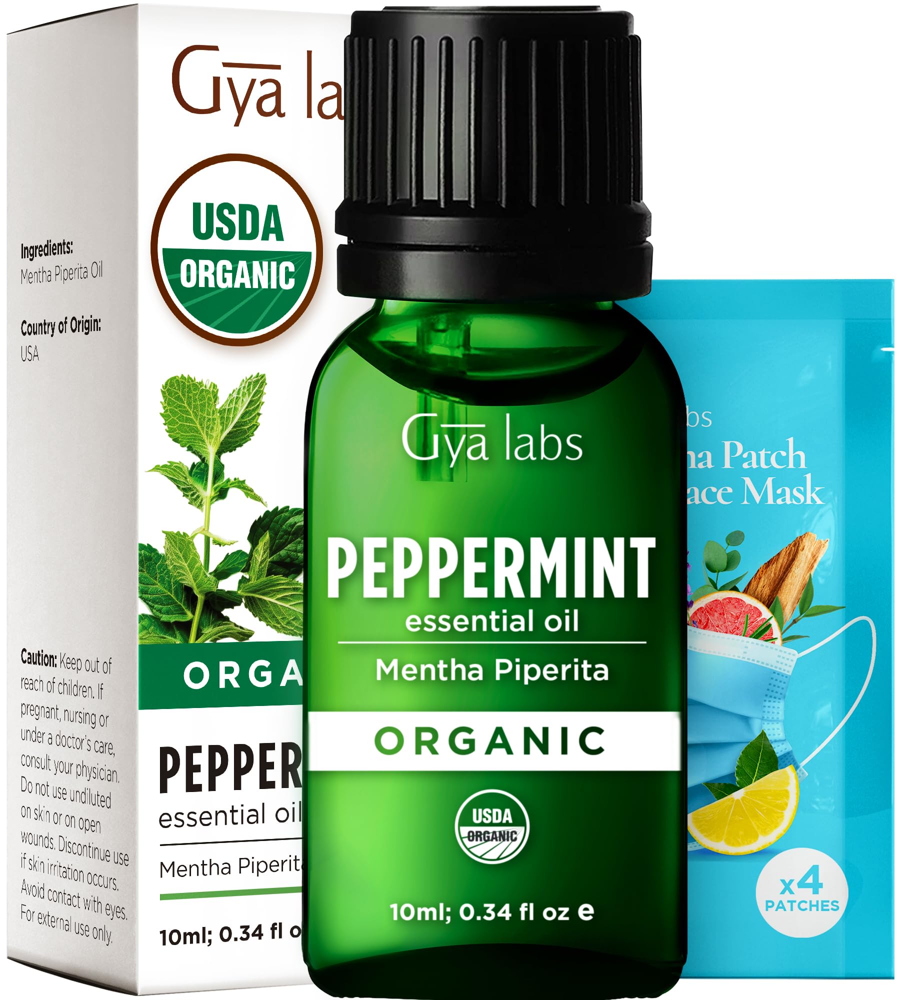 Gya Labs Aceite Esencial de Menta Orgánico en botella, aroma refrescante para el difusor.