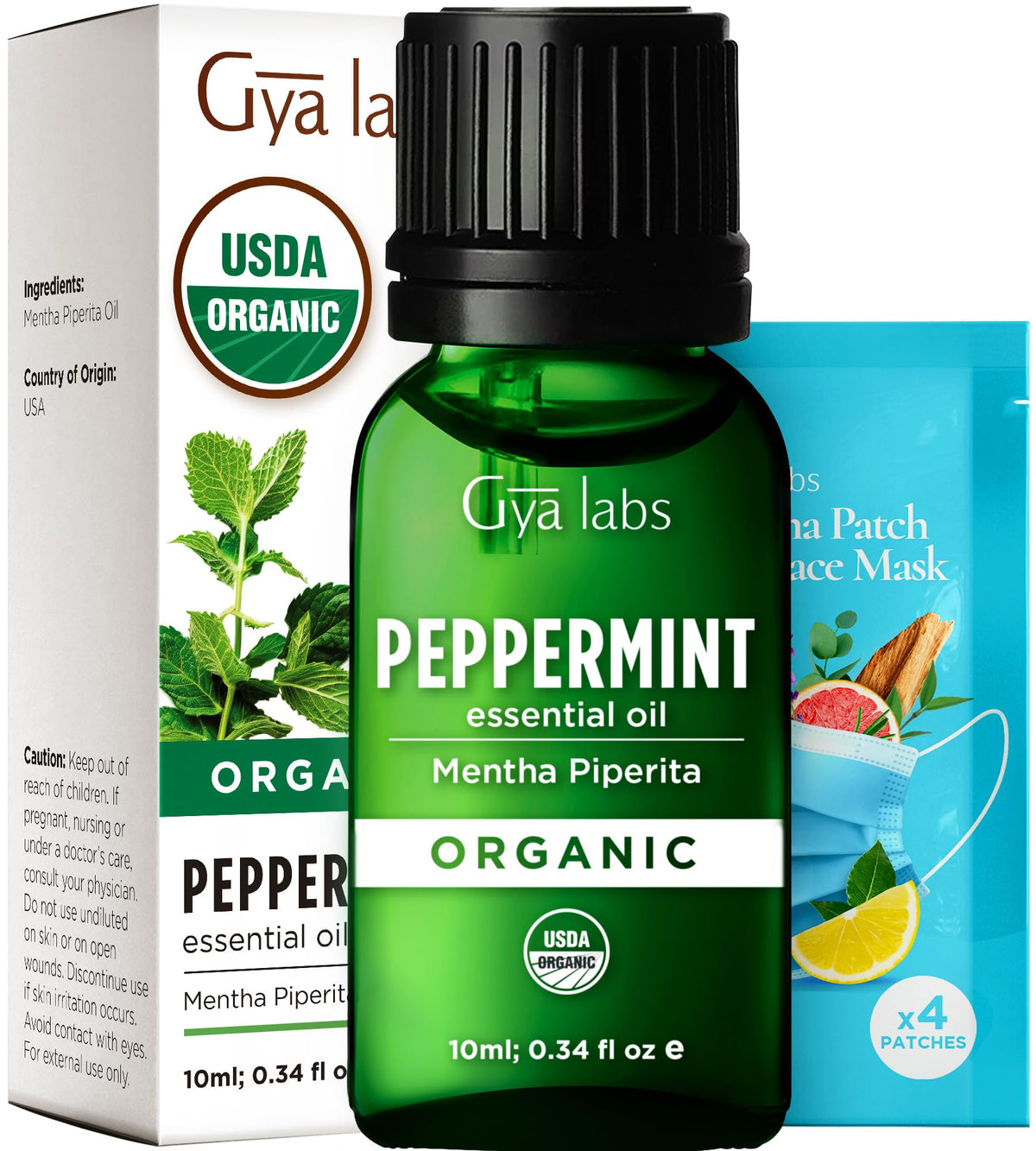 Gya Labs Aceite Esencial de Menta Orgánico en botella, aroma refrescante para el difusor.
