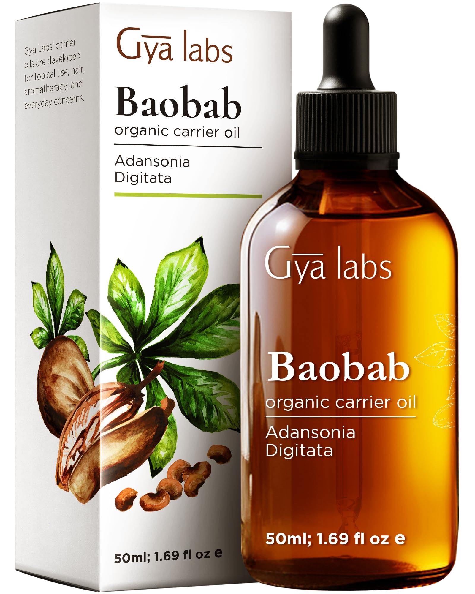 Gya Labs Baobab Aceite en botella, hidratación suave para la piel.