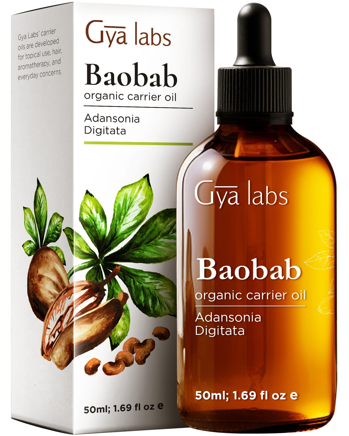 Gya Labs Baobab Aceite en botella, hidratación suave para la piel.