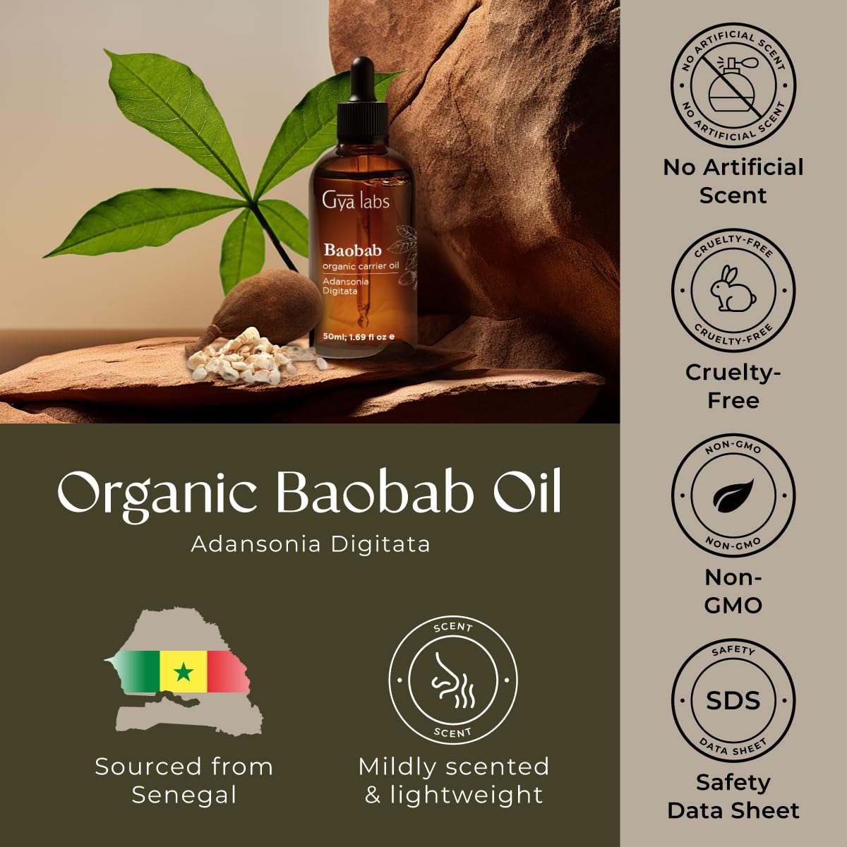 Gya Labs Baobab Aceite, prueba de parche para seguridad y calidad.