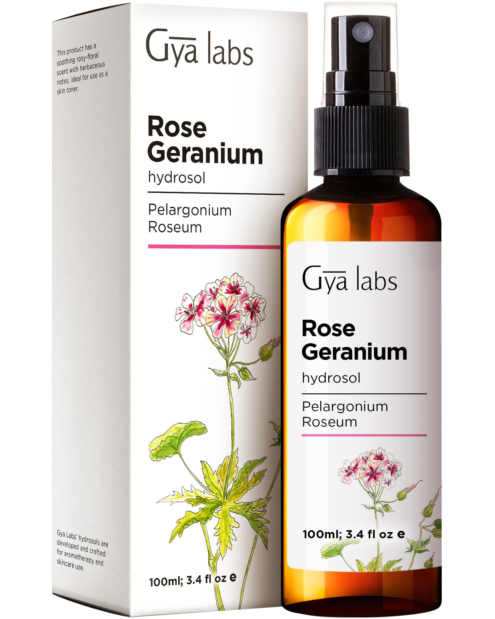 Gya Labs hidrolato geranio rosa, botella vertido, aroma suave para piel hidratada.