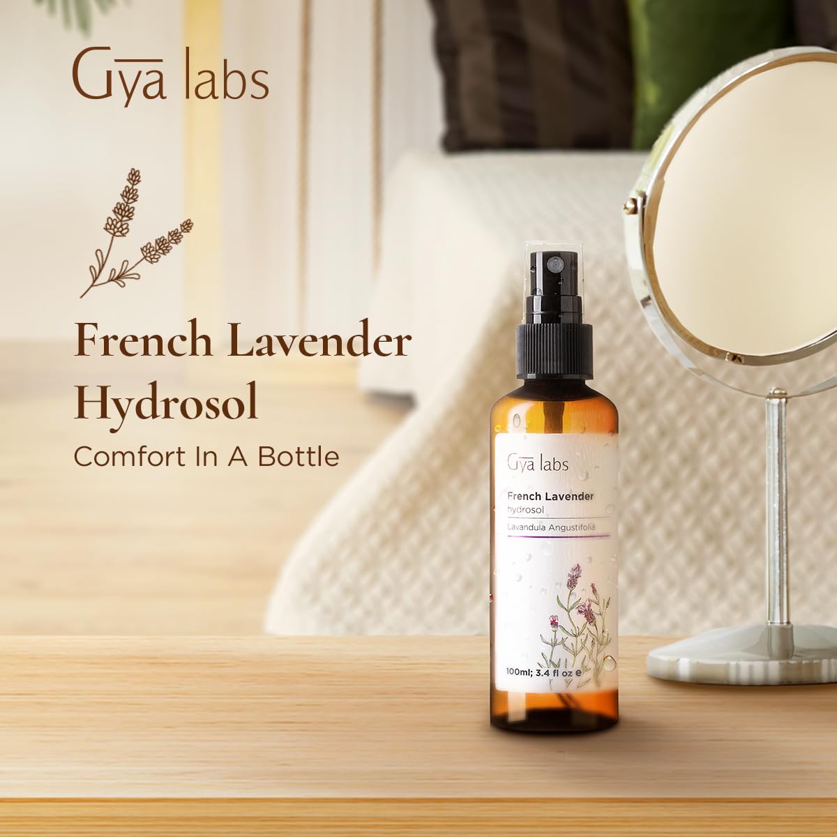 Rostro fresco con bruma de lavanda de Gya Labs para piel hidratada.