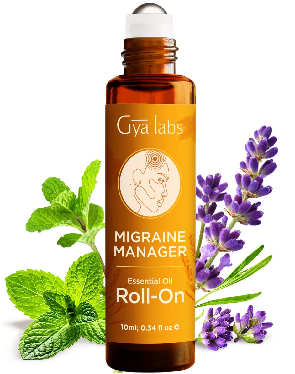Gya Labs Migraine Manager Rodillo en frasco ámbar para uso diario y preservación de la pureza.