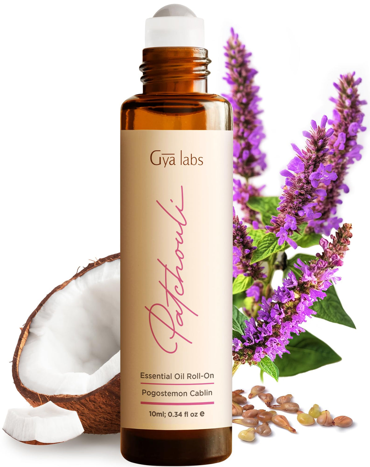 Gya Labs Patchouli en rodillo, botella ámbar, aroma profundo para relajación y enfoque.